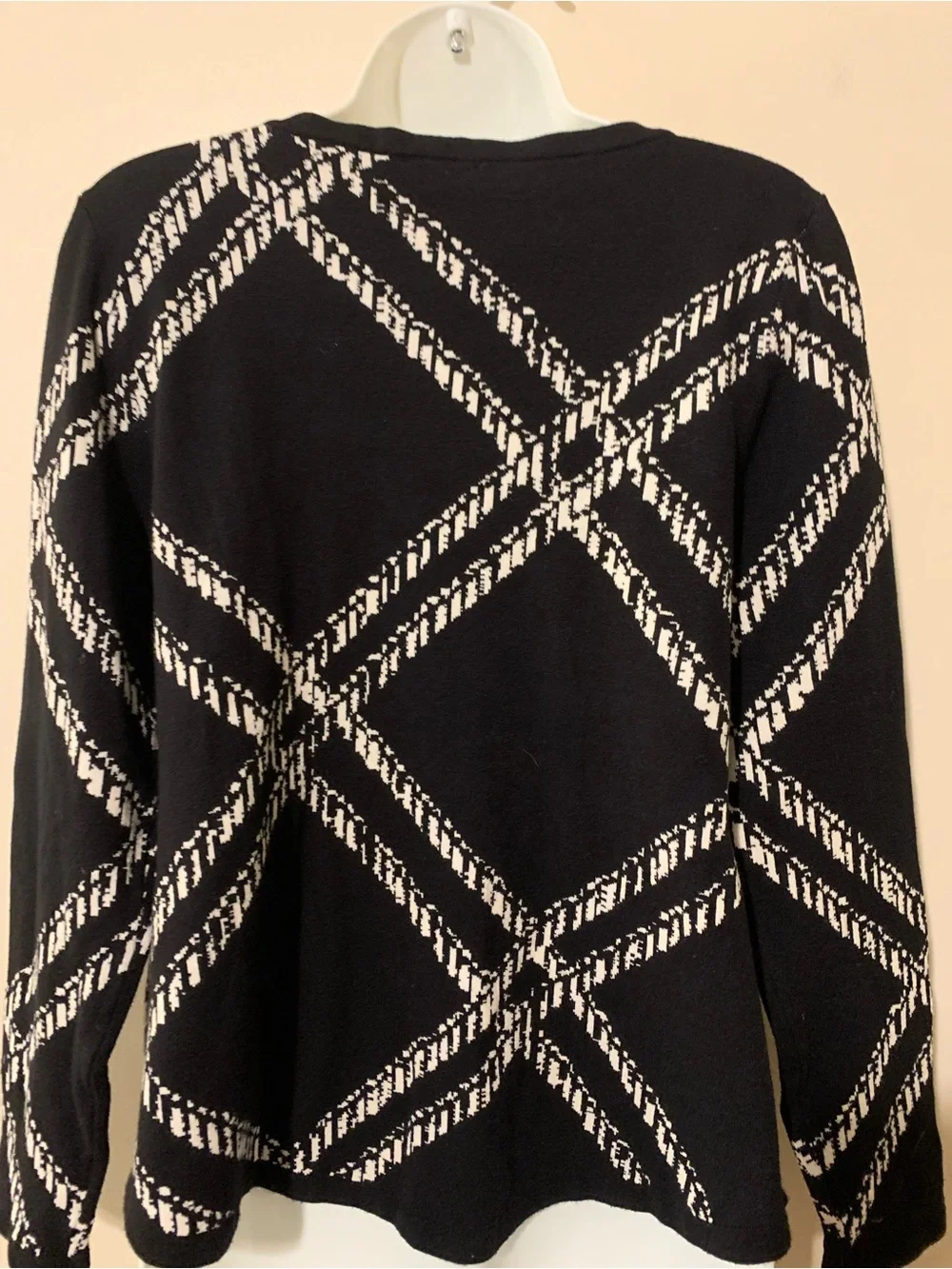 Chico's Black and Cream Cropped Plaid Crewneck Sweater